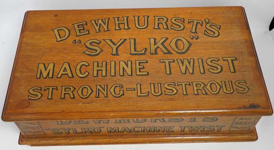 A mid 20th century Dewhurst's Sylko oak two drawer table top retail chest, 51cm wide, 14cm high. Condition - good